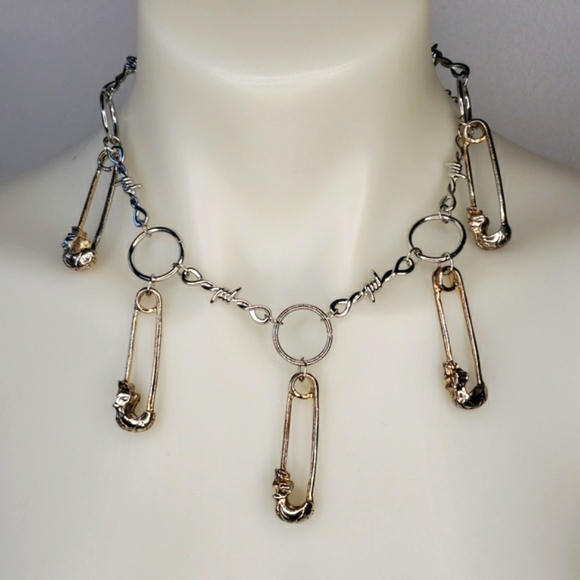 Silver gold skull punk goth emo safety pin choker necklace - Picture 1 of 10